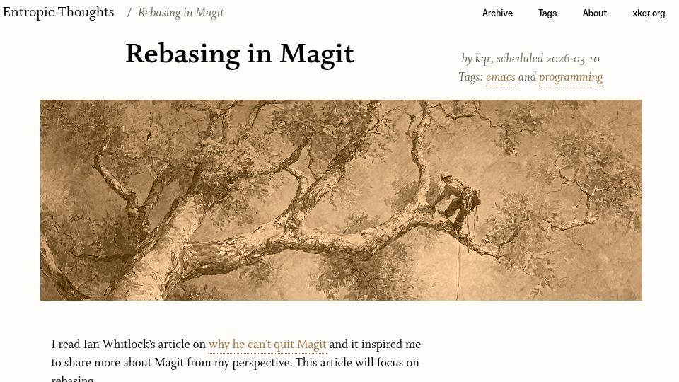 Screenshot of entropicthoughts.com: Rebasing in Magit