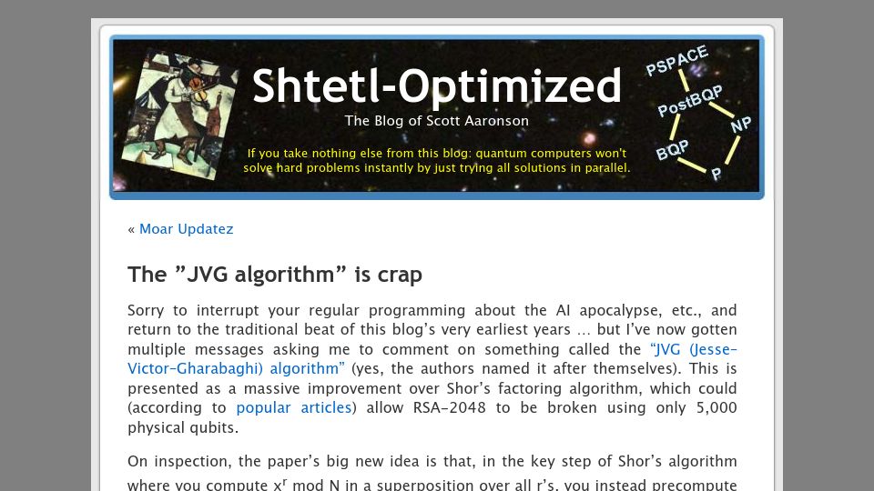 Screenshot of scottaaronson.blog: The “JVG algorithm” only wins on tiny numbers