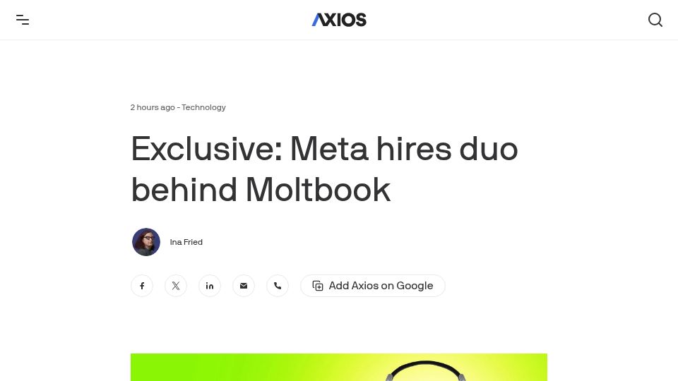 Screenshot of axios.com: Meta acquires Moltbook