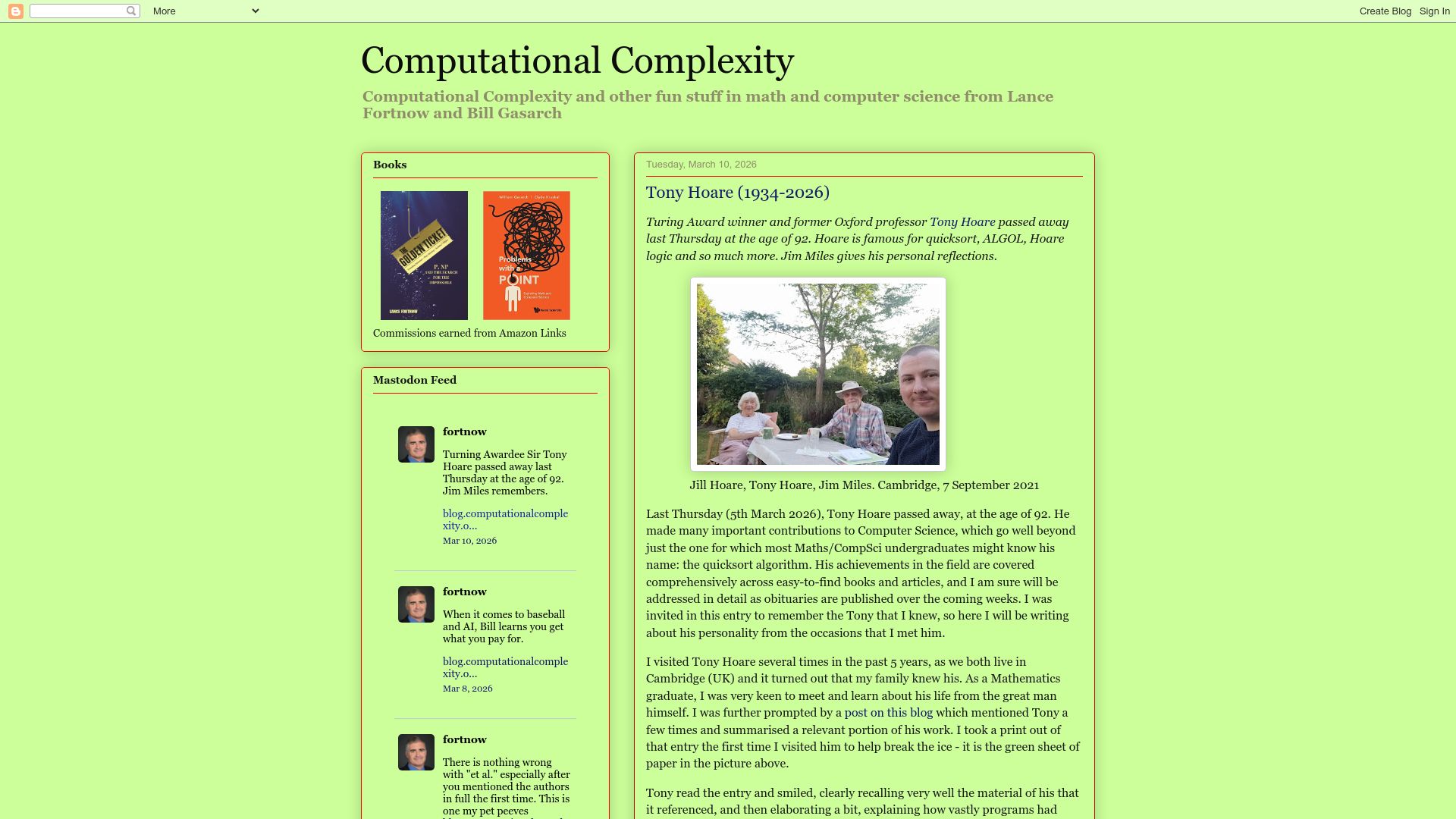 Screenshot of blog.computationalcomplexity.org: Tony Hoare has died