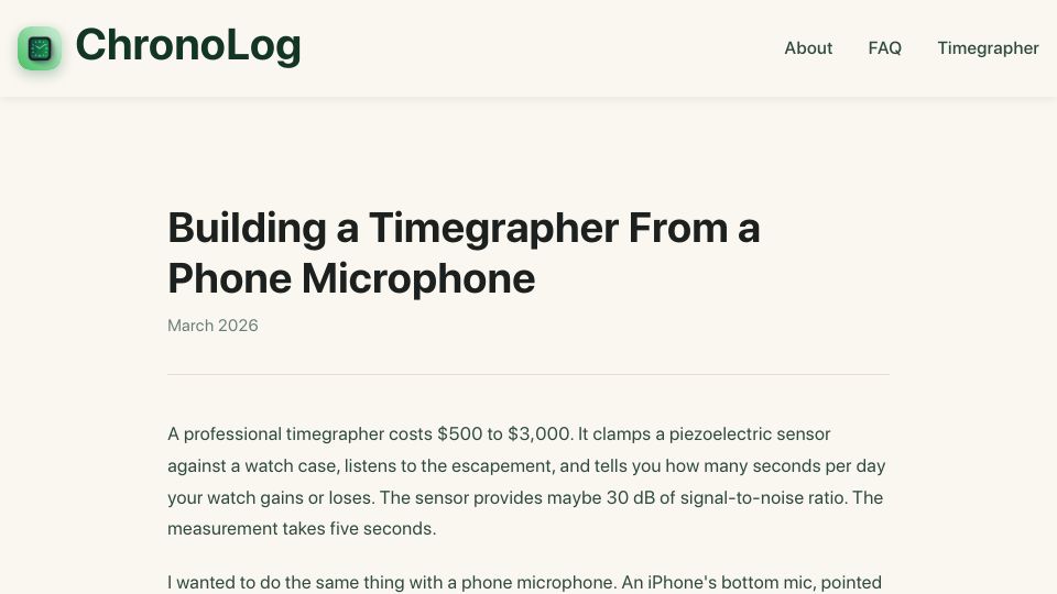 Screenshot of chronolog.watch: I used pulsar detection techniques to turn a phone into a watch timegrapher