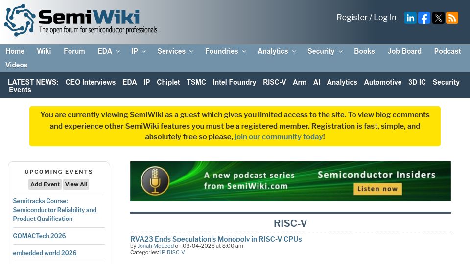 Screenshot of semiwiki.com: RVA23 Ends Speculation's Monopoly in RISC-V CPUs