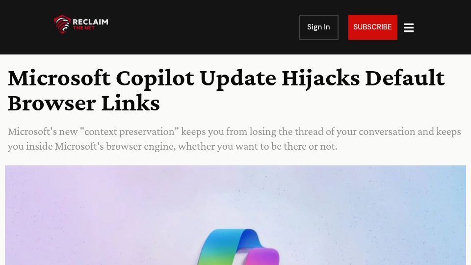 Screenshot of reclaimthenet.org: Microsoft Copilot Update Hijacks Default Browser Links