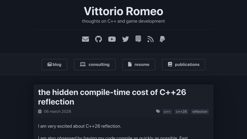 Screenshot of vittorioromeo.com: The hidden compile-time cost of C++26 reflection