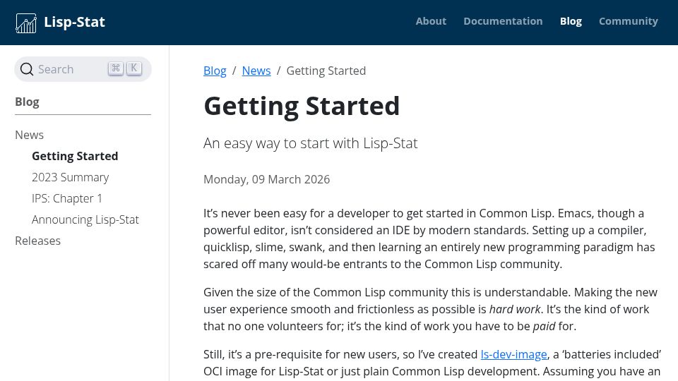 Screenshot of lisp-stat.dev: Getting Started in Common Lisp