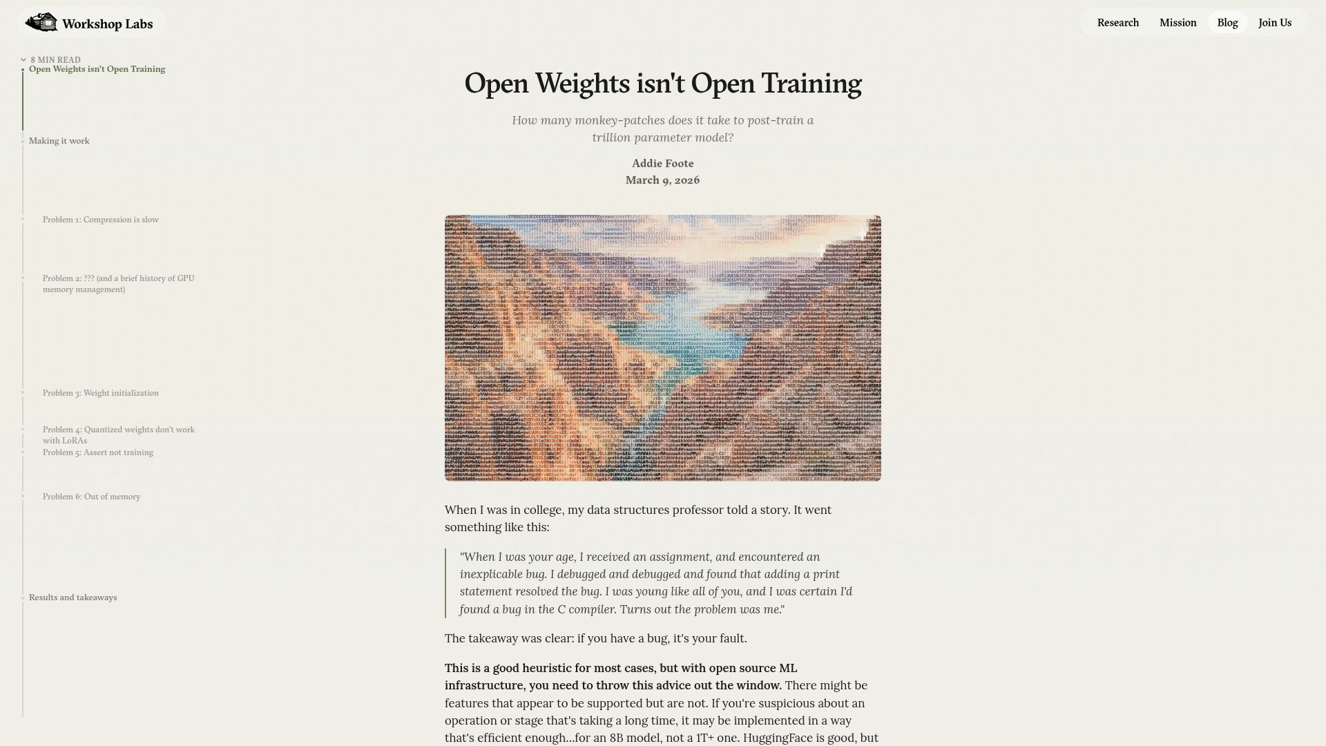 Screenshot of workshoplabs.ai: Open Weights isn't Open Training
