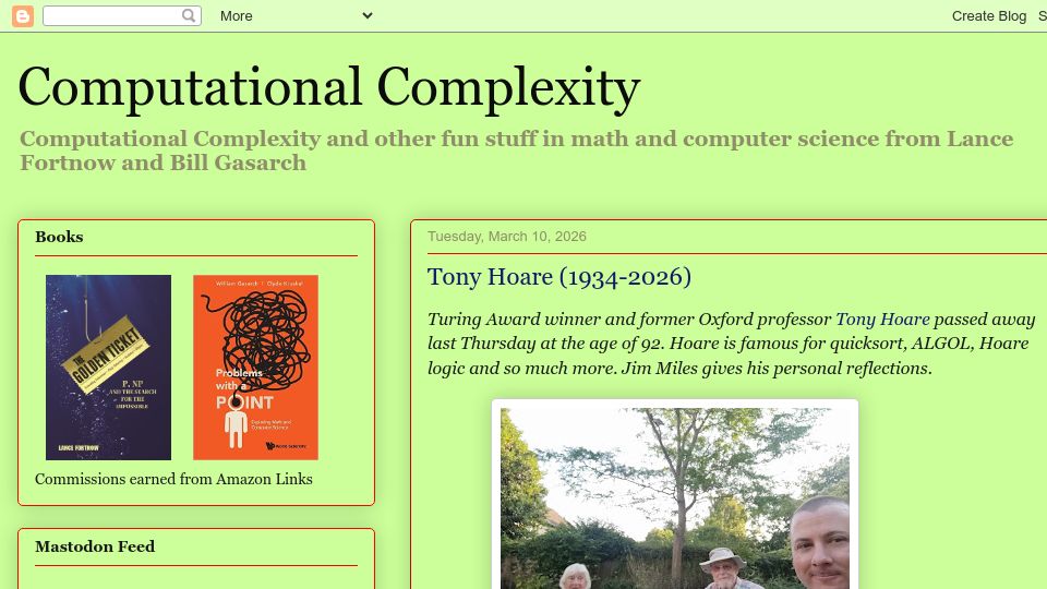 Screenshot of blog.computationalcomplexity.org: Tony Hoare has died