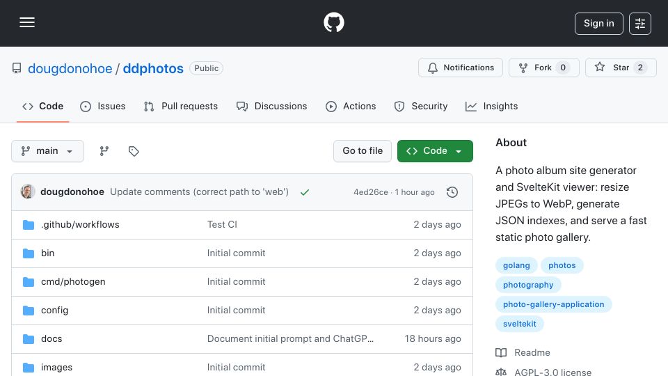 Screenshot of github.com: Show HN: DD Photos – open-source photo album site generator (Go and SvelteKit)