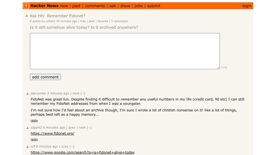 Screenshot of Hacker News post: Ask HN: Remember Fidonet?