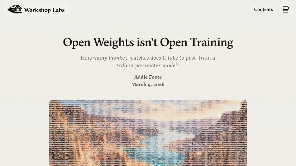 Screenshot of workshoplabs.ai: Open Weights isn't Open Training