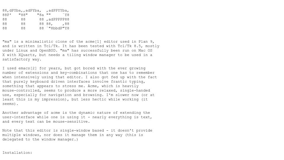 Screenshot of call-with-current-continuation.org: “ma” is a minimalistic clone of the acme[1] editor used in Plan 9