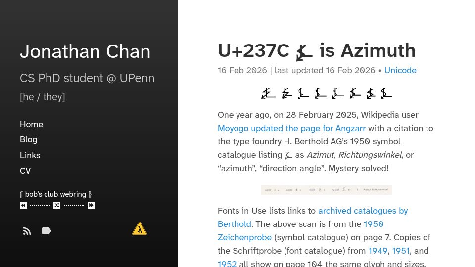 Screenshot of ionathan.ch: U+237C ⍼ Is Azimuth