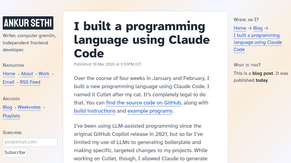 Screenshot of ankursethi.com: I built a programming language using Claude Code