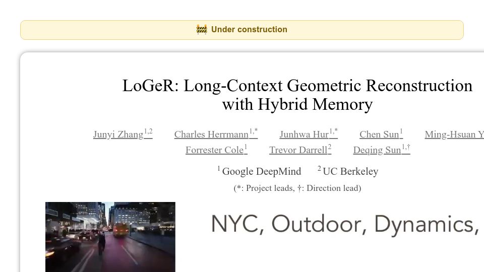 Screenshot of loger-project.github.io: LoGeR – 3D reconstruction from extremely long videos (DeepMind, UC Berkeley)
