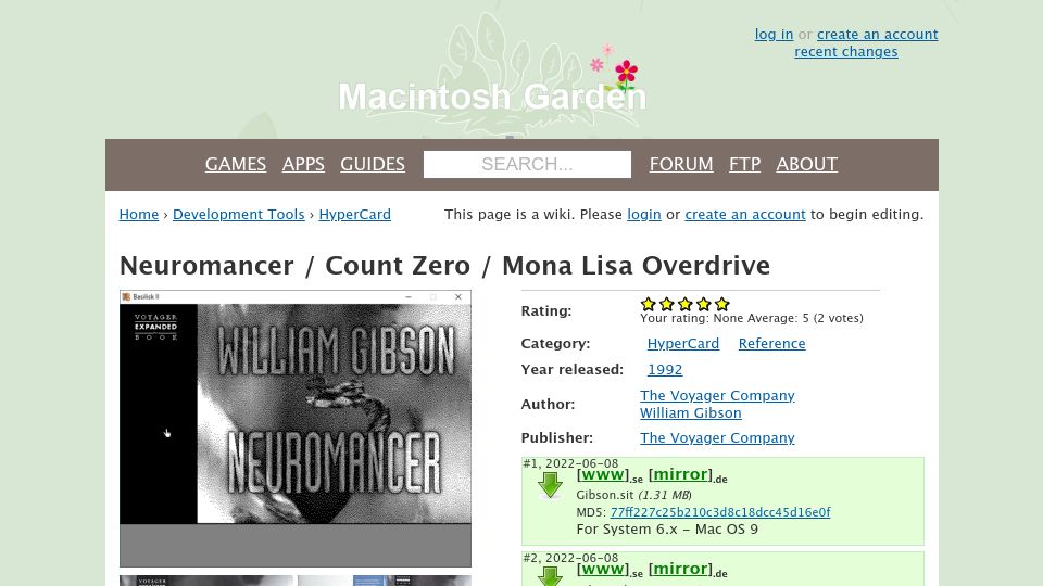 Screenshot of macintoshgarden.org: HyperCard discovery: Neuromancer, Count Zero, Mona Lisa Overdrive (2022)