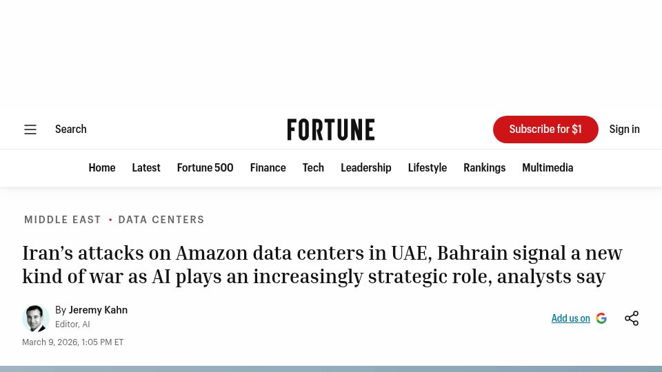 Screenshot of fortune.com: Iran's attacks on Amazon data centers in UAE, Bahrain signal a new kind of war