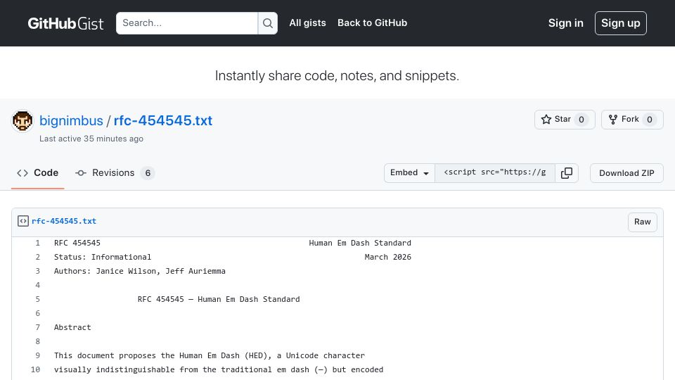 Screenshot of gist.github.com: RFC 454545 – Human Em Dash Standard