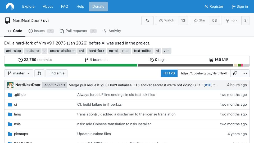 Screenshot of codeberg.org: EVi, a Hard-Fork of Vim