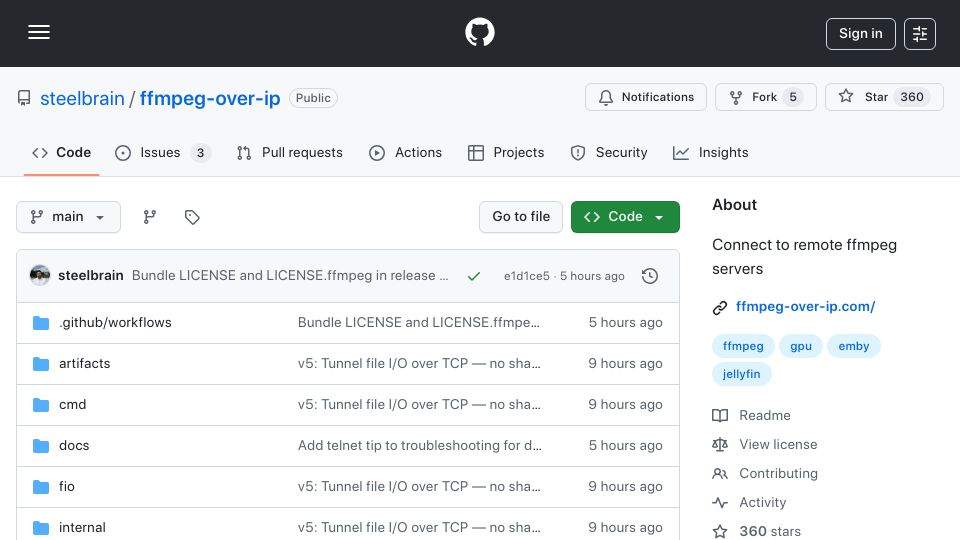 Screenshot of github.com: FFmpeg-over-IP – Connect to remote FFmpeg servers