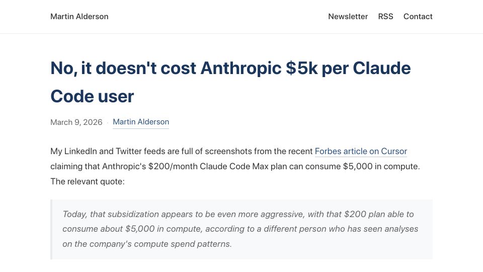 Screenshot of martinalderson.com: No, it doesn't cost Anthropic $5k per Claude Code user