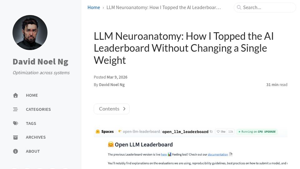 Screenshot of dnhkng.github.io: Show HN: How I topped the HuggingFace open LLM leaderboard on two gaming GPUs