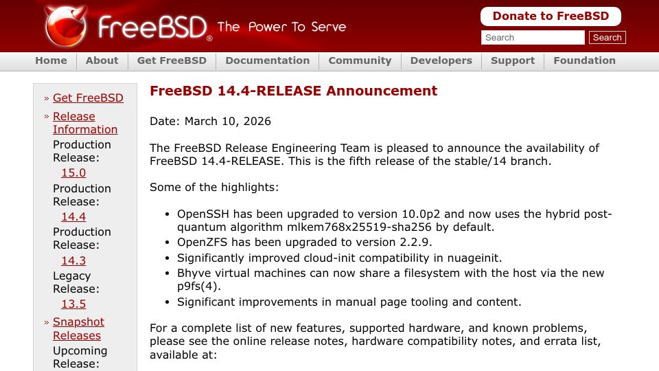 Screenshot of freebsd.org: FreeBSD 14.4-Release Announcement