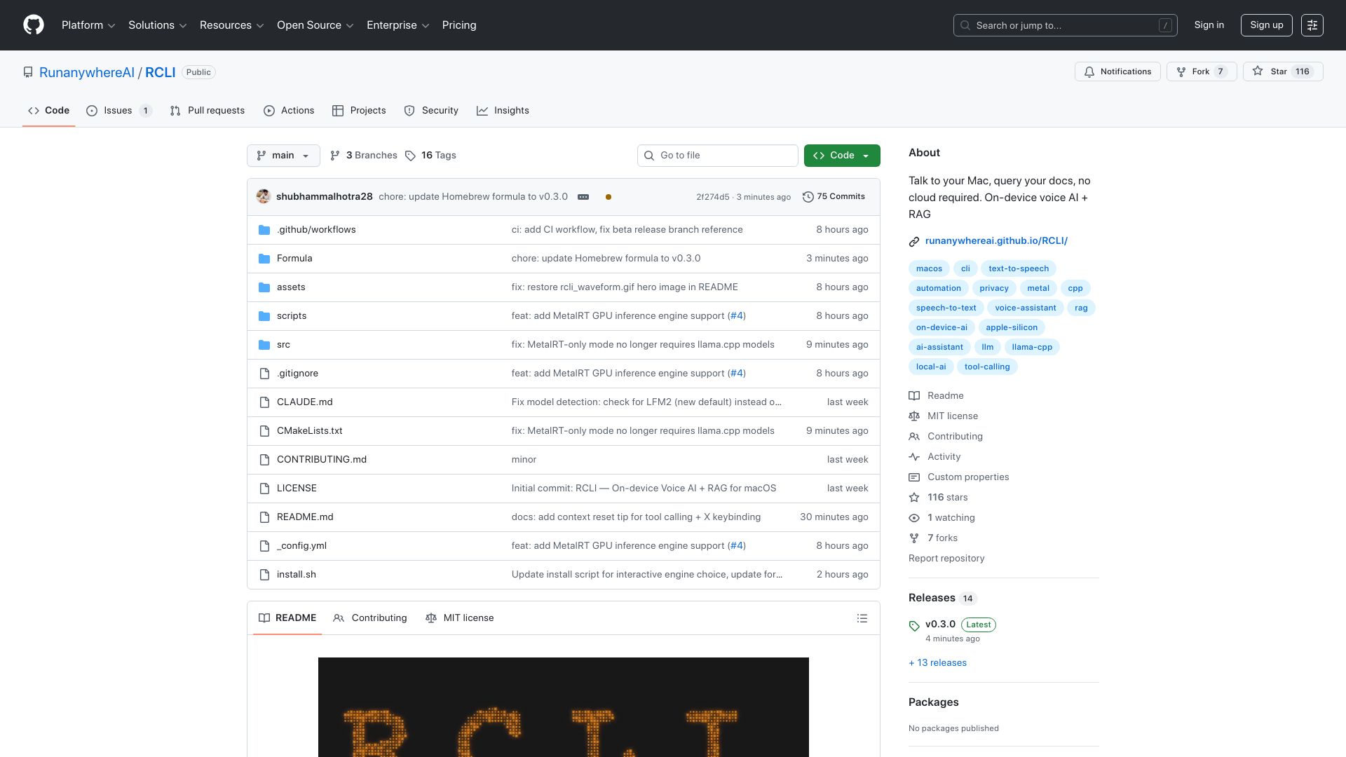 Screenshot of github.com: Launch HN: RunAnywhere (YC W26) – Faster AI Inference on Apple Silicon