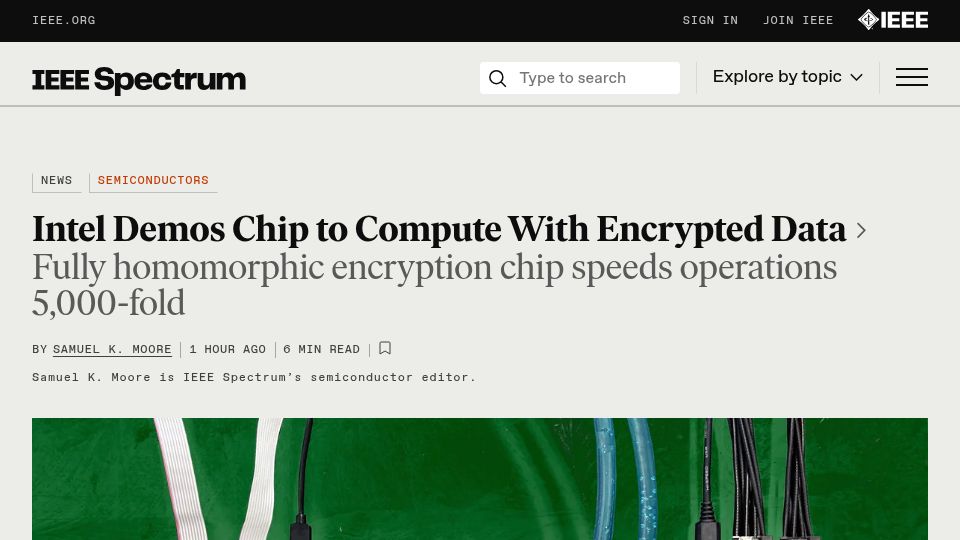 Screenshot of spectrum.ieee.org: Intel Demos Chip to Compute with Encrypted Data