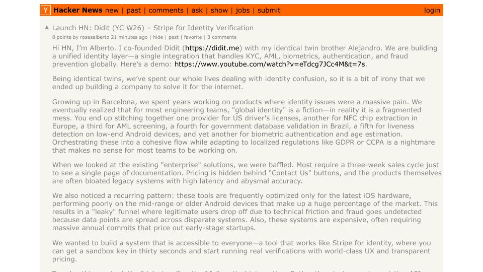 Screenshot of Hacker News post: Launch HN: Didit (YC W26) – Stripe for Identity Verification