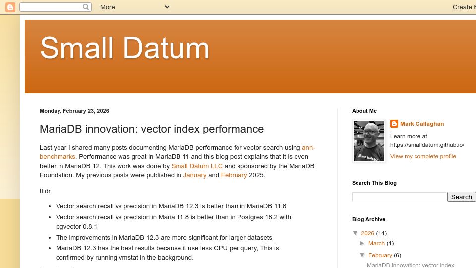 Screenshot of smalldatum.blogspot.com: MariaDB innovation: vector index performance