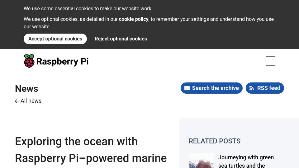 Screenshot of raspberrypi.com: Exploring the ocean with Raspberry Pi–powered marine robots