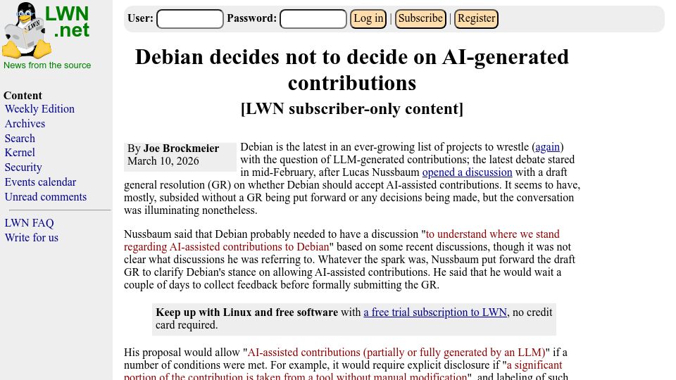 Screenshot of lwn.net: Debian decides not to decide on AI-generated contributions