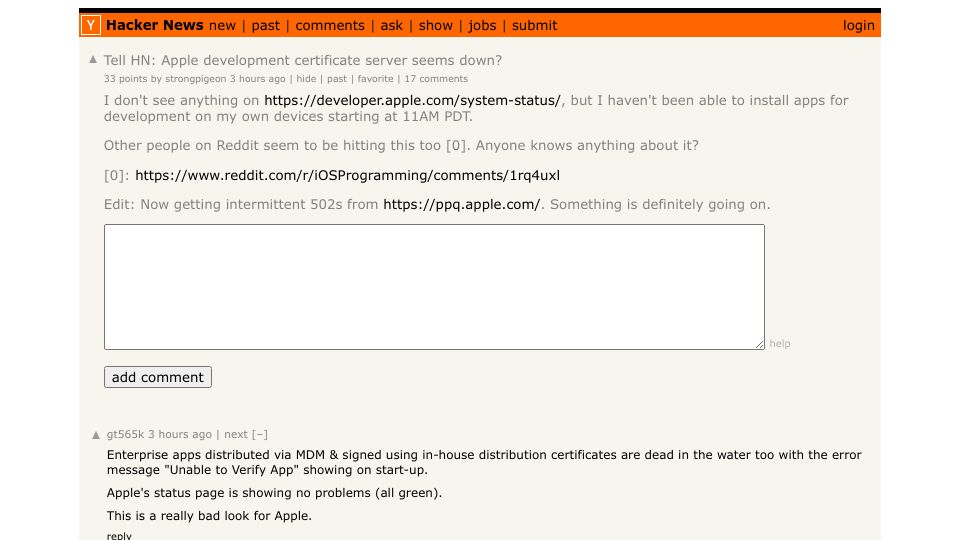 Screenshot of Hacker News post: Tell HN: Apple development certificate server seems down?