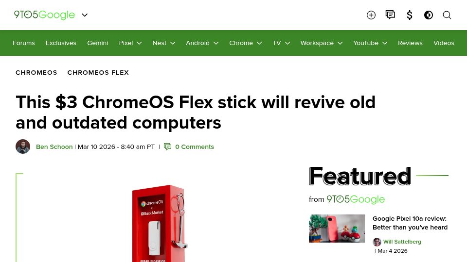 Screenshot of 9to5google.com: $3 ChromeOS Flex stick will revive old and outdated computers
