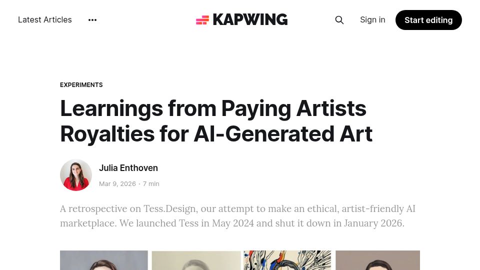 Screenshot of kapwing.com: Learnings from paying artists royalties for AI-generated art