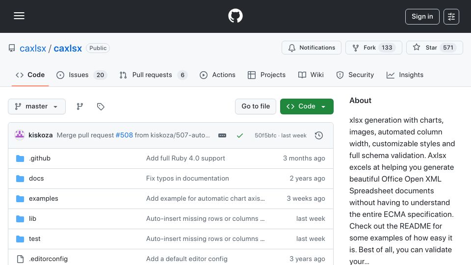 Screenshot of github.com: Caxlsx: Ruby gem for xlsx generation with charts, images, schema validation
