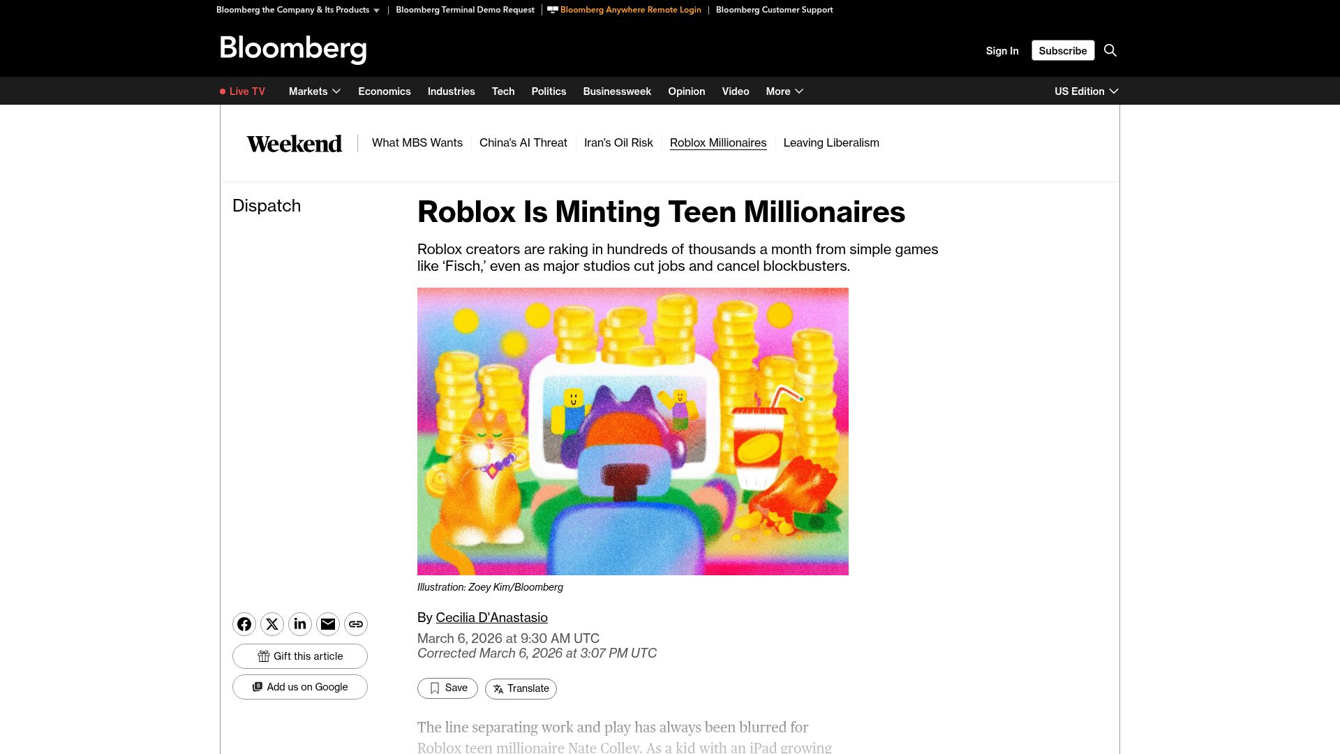 Screenshot of bloomberg.com: Roblox is minting teen millionaires