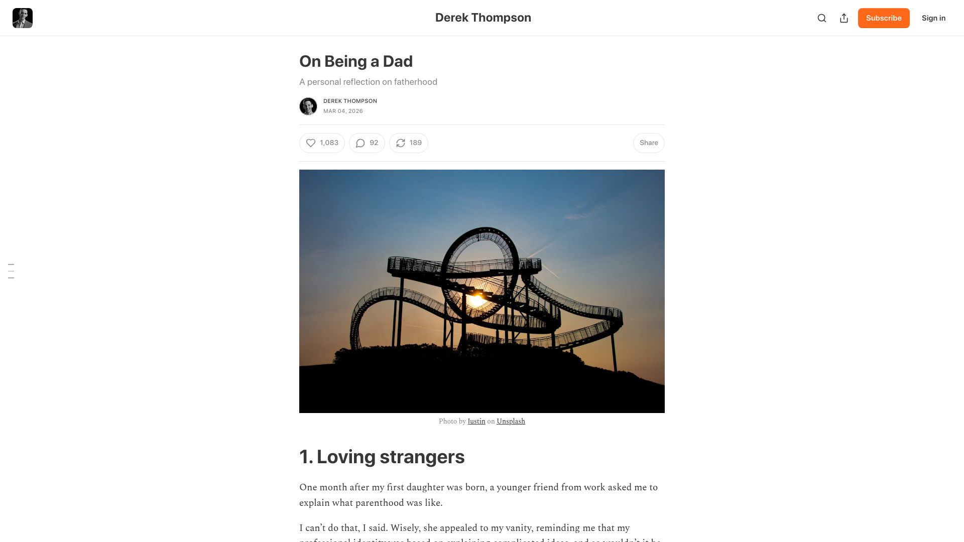 Screenshot of derekthompson.org: On Being a Dad