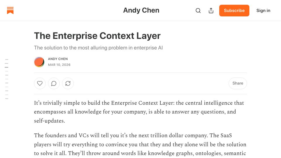 Screenshot of andychen32.substack.com: The Enterprise Context Layer