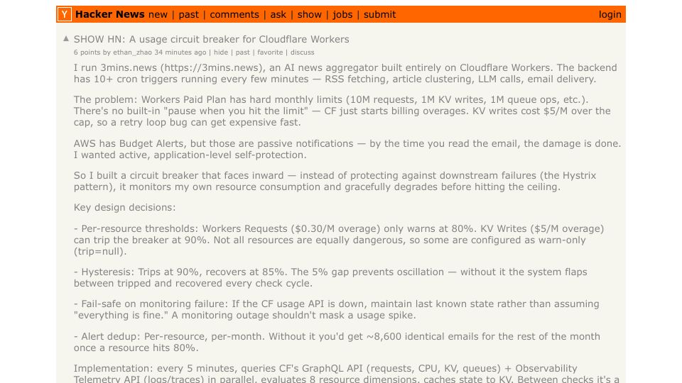 Screenshot of Hacker News post: SHOW HN: A usage circuit breaker for Cloudflare Workers