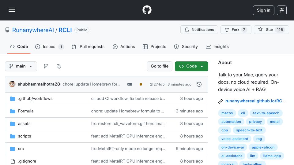 Screenshot of github.com: Launch HN: RunAnywhere (YC W26) – Faster AI Inference on Apple Silicon