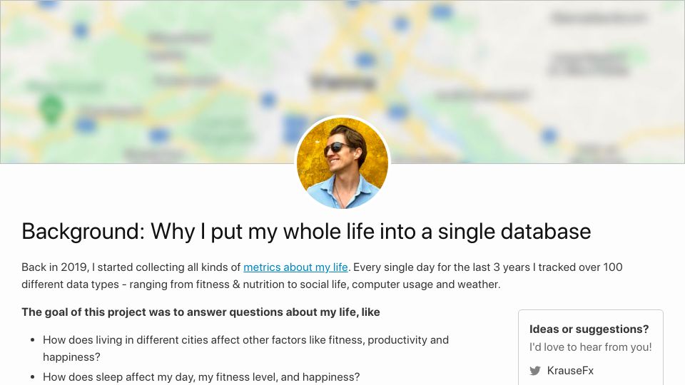 Screenshot of howisfelix.today: I put my whole life into a single database