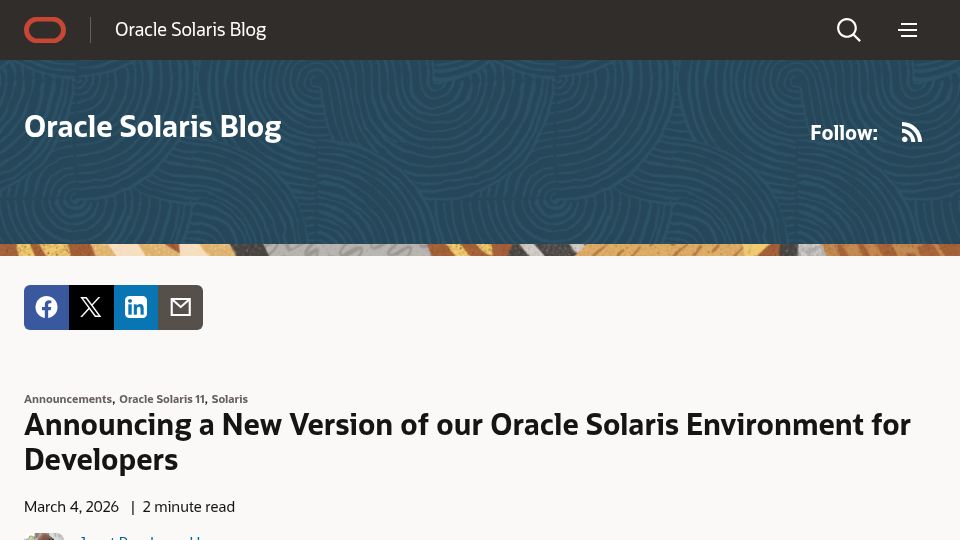 Screenshot of blogs.oracle.com: A new Oracle Solaris Common Build Environment (CBE) release