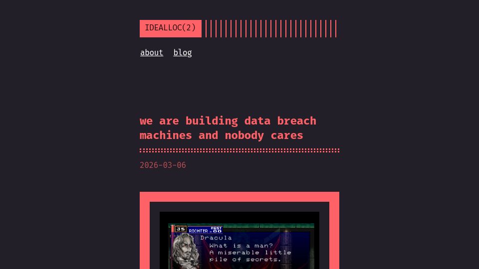 Screenshot of idealloc.me: We are building data breach machines and nobody cares