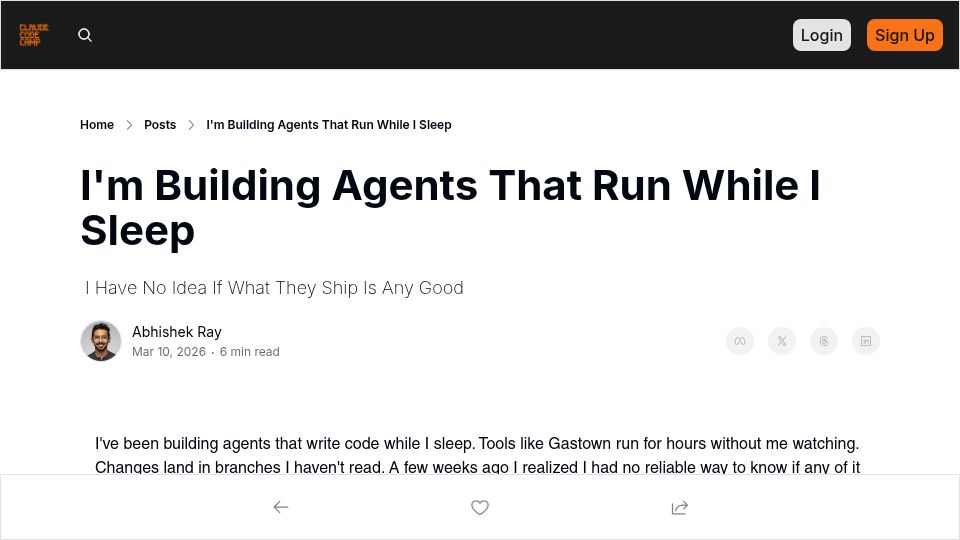 Screenshot of claudecodecamp.com: Agents that run while I sleep