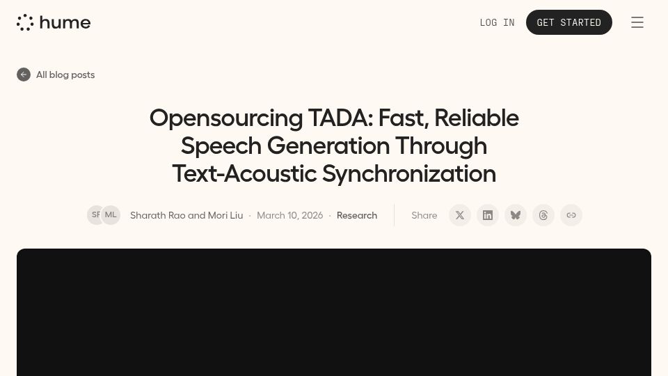 Screenshot of hume.ai: TADA: Speech generation through text-acoustic synchronization