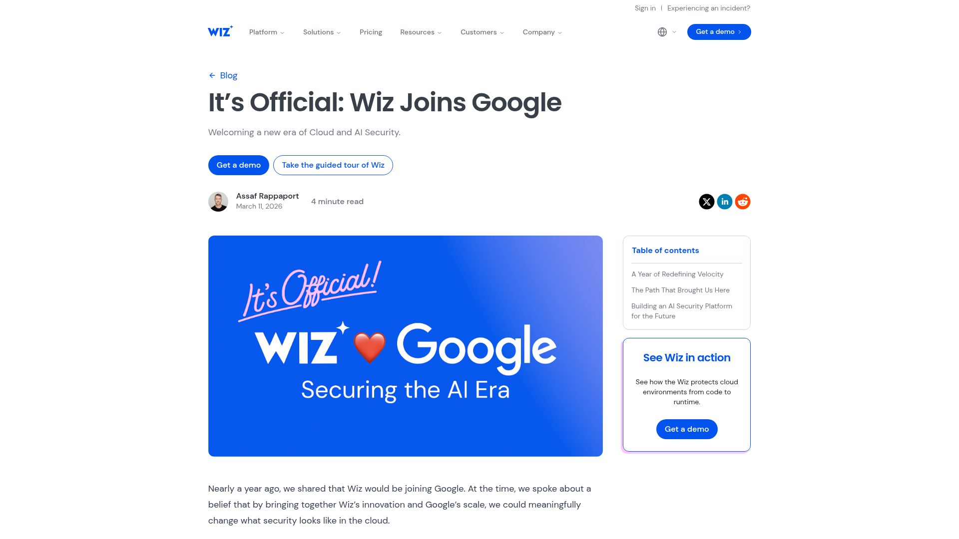 Screenshot of wiz.io: Google closes deal to acquire Wiz