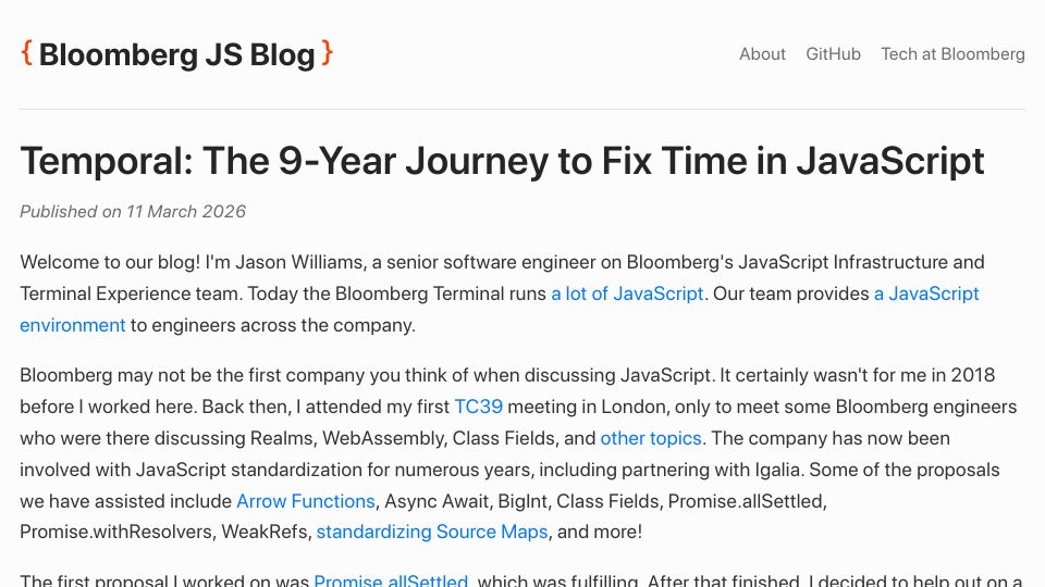 Screenshot of bloomberg.github.io: Temporal: The 9-year journey to fix time in JavaScript
