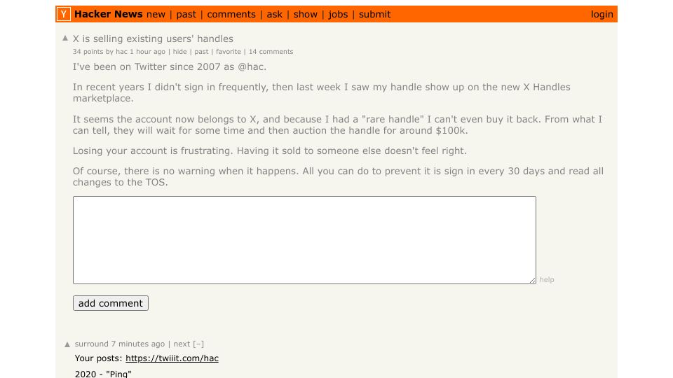 Screenshot of Hacker News post: X is selling existing users' handles