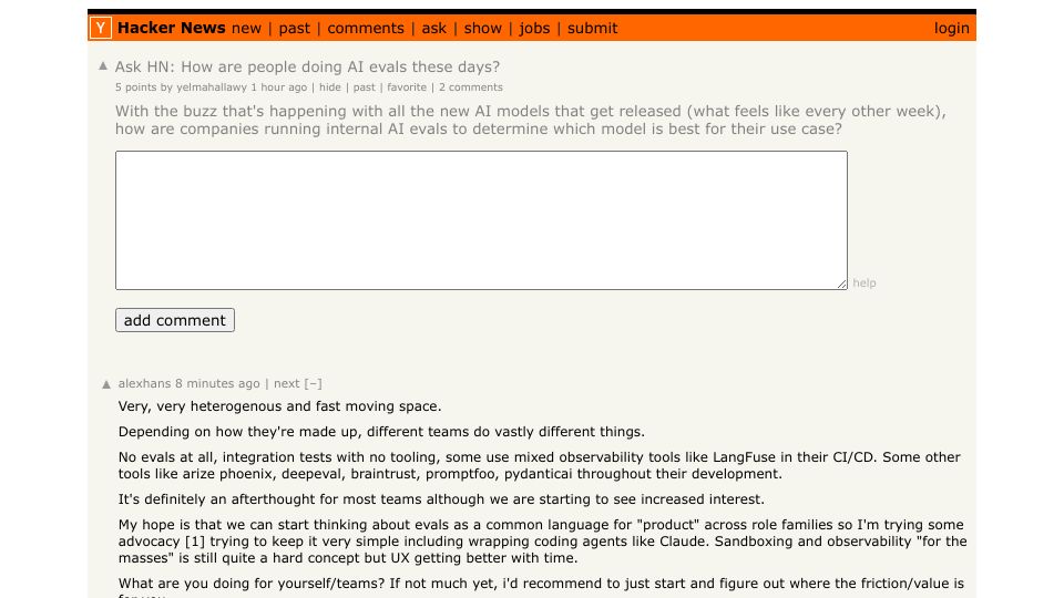 Screenshot of Hacker News post: Ask HN: How are people doing AI evals these days?